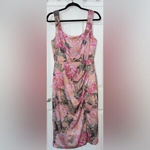 Premier Amour Pink Floral Midi Dress with Green Leaves NWT size 8